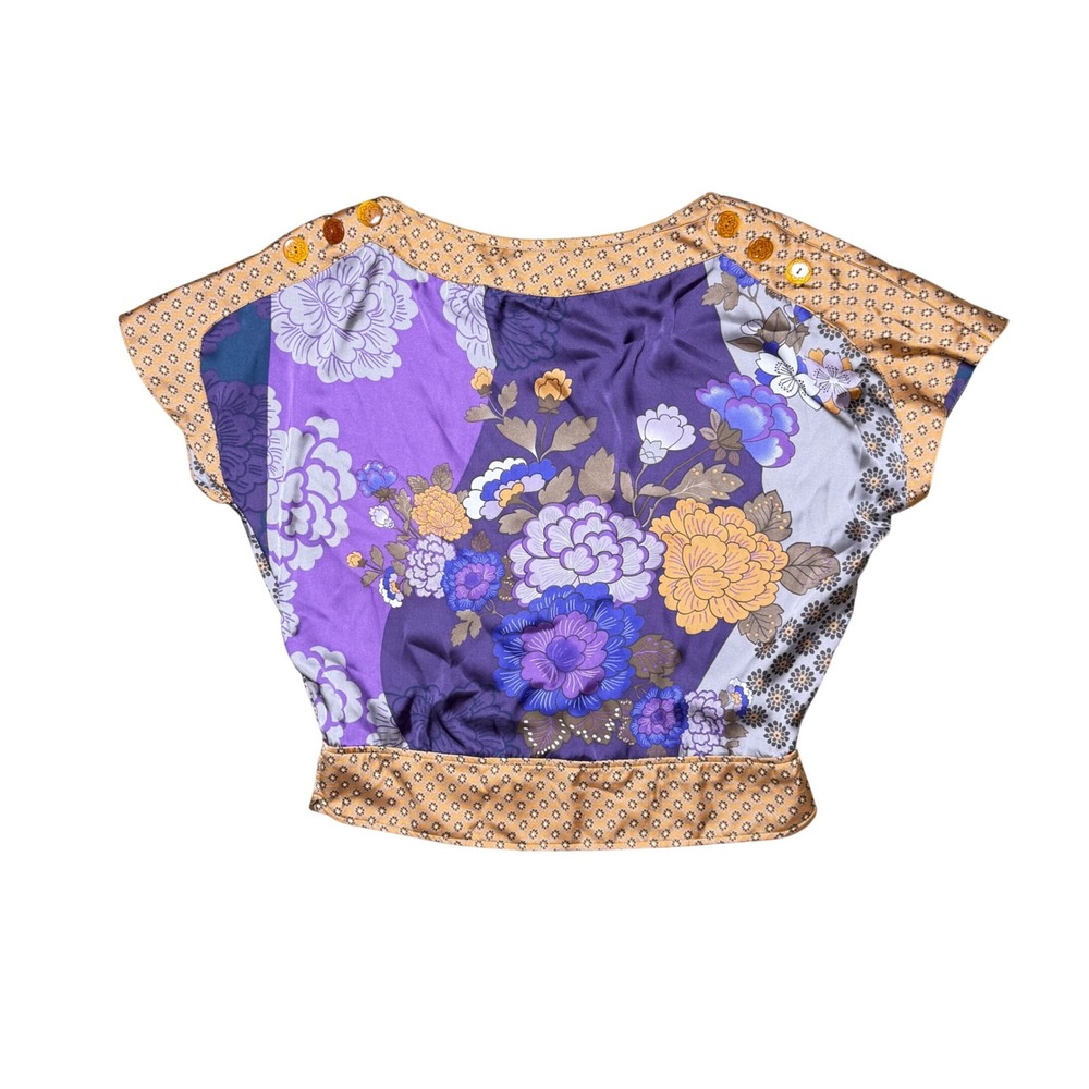 Bershka Women Purple Gold Floral Satin Boat Neck Button Shoulder Blouse